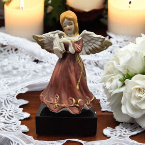 Hand-Painted Tearful Bisque Porcelain Angel with Harp Vintage Rotating Music Box